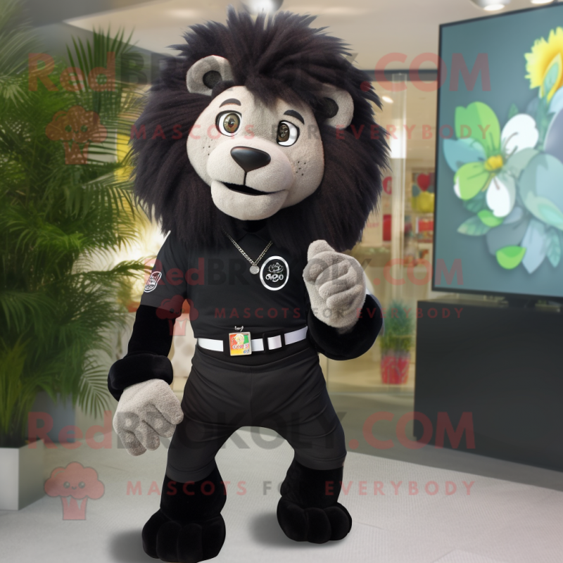 Black Lion mascot costume character dressed with a Blouse and Smartwatches