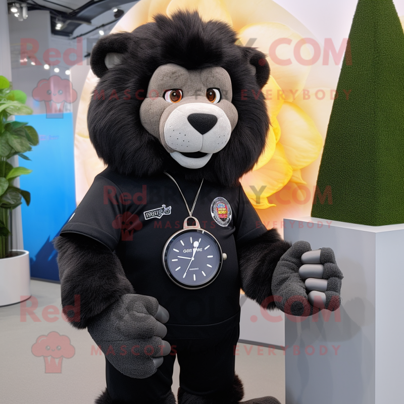 Black Lion mascot costume character dressed with a Blouse and Smartwatches