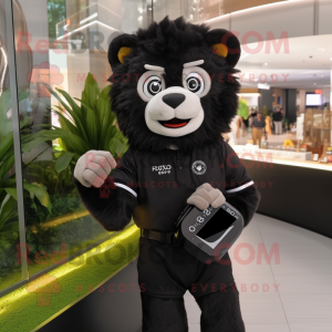 Black Lion mascot costume character dressed with a Blouse and Smartwatches