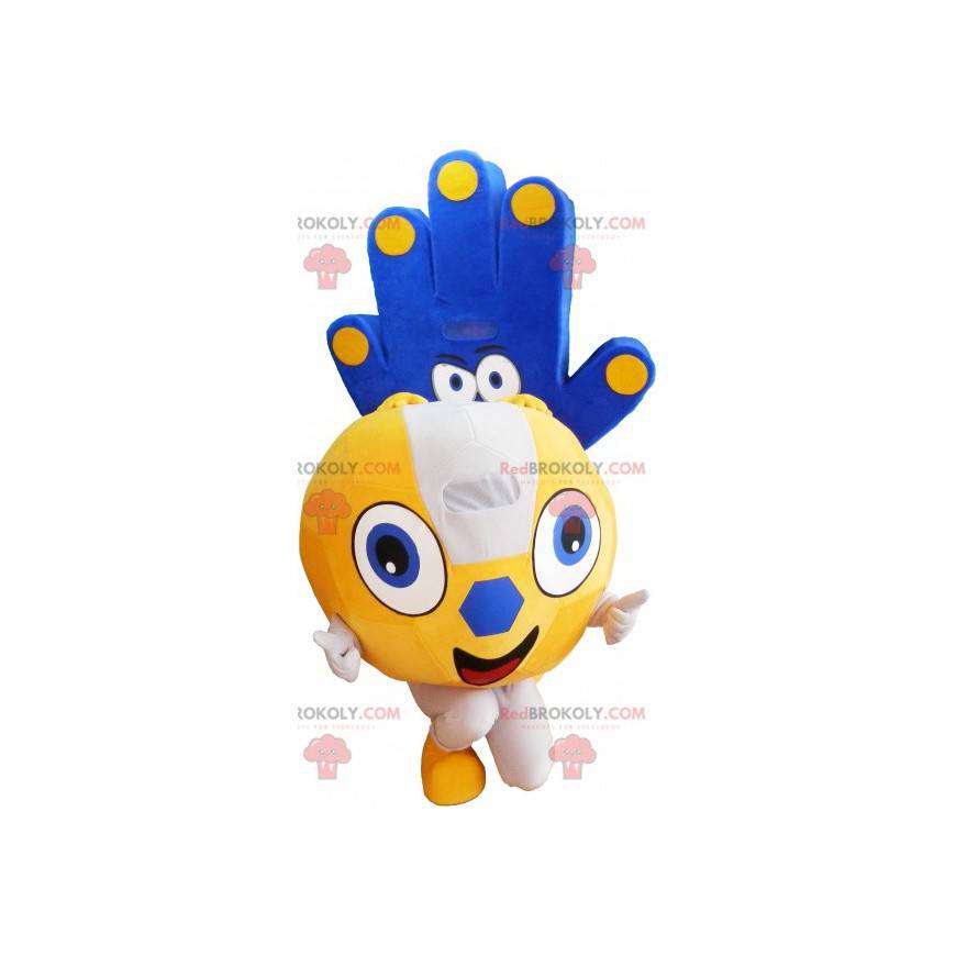 2 Maskottchen: ein gelber Ballon und eine blaue Hand -
