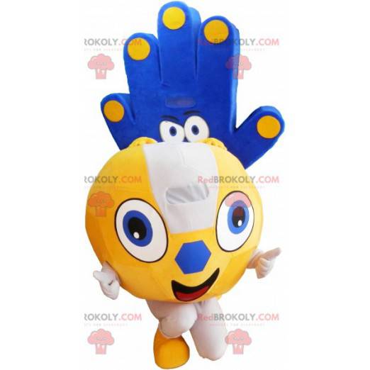 2 mascots: a yellow balloon and a blue hand - Redbrokoly.com