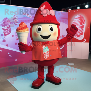 Red Ice Cream mascot costume character dressed with a Henley Shirt and Scarf clips