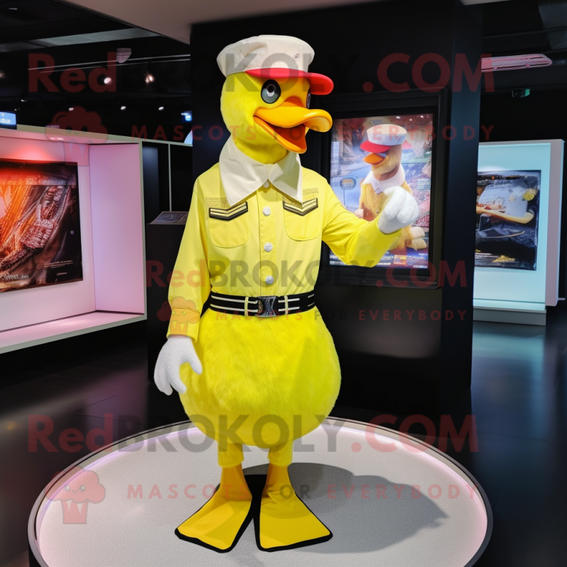 Lemon Yellow Muscovy Duck mascot costume character dressed with a Poplin Shirt and Rings