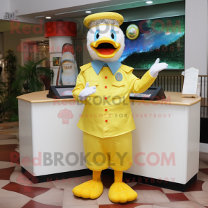 Lemon Yellow Muscovy Duck mascot costume character dressed with a Poplin Shirt and Rings