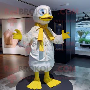 Lemon Yellow Muscovy Duck mascot costume character dressed with a Poplin Shirt and Rings