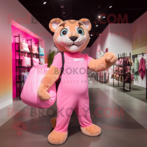 Pink Mountain Lion mascot costume character dressed with a Bodysuit and Tote bags