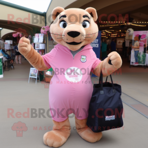 Pink Mountain Lion mascot costume character dressed with a Bodysuit and Tote bags