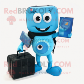 Blue Camera mascot costume character dressed with a Bikini and Briefcases