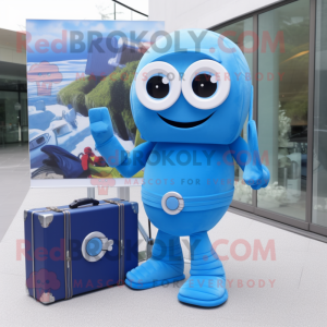 Blue Camera mascot costume character dressed with a Bikini and Briefcases
