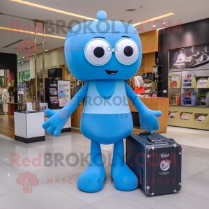 Blue Camera mascot costume character dressed with a Bikini and Briefcases