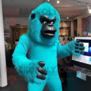 Turquoise Gorilla mascot costume character dressed with a Jumpsuit and Gloves