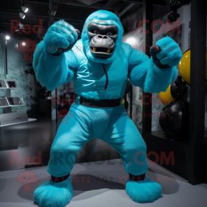 Turquoise Gorilla mascot costume character dressed with a Jumpsuit and Gloves