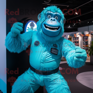 Turquoise Gorilla mascot costume character dressed with a Jumpsuit and Gloves