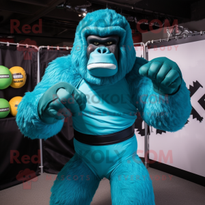 Turquoise Gorilla mascot costume character dressed with a Jumpsuit and Gloves