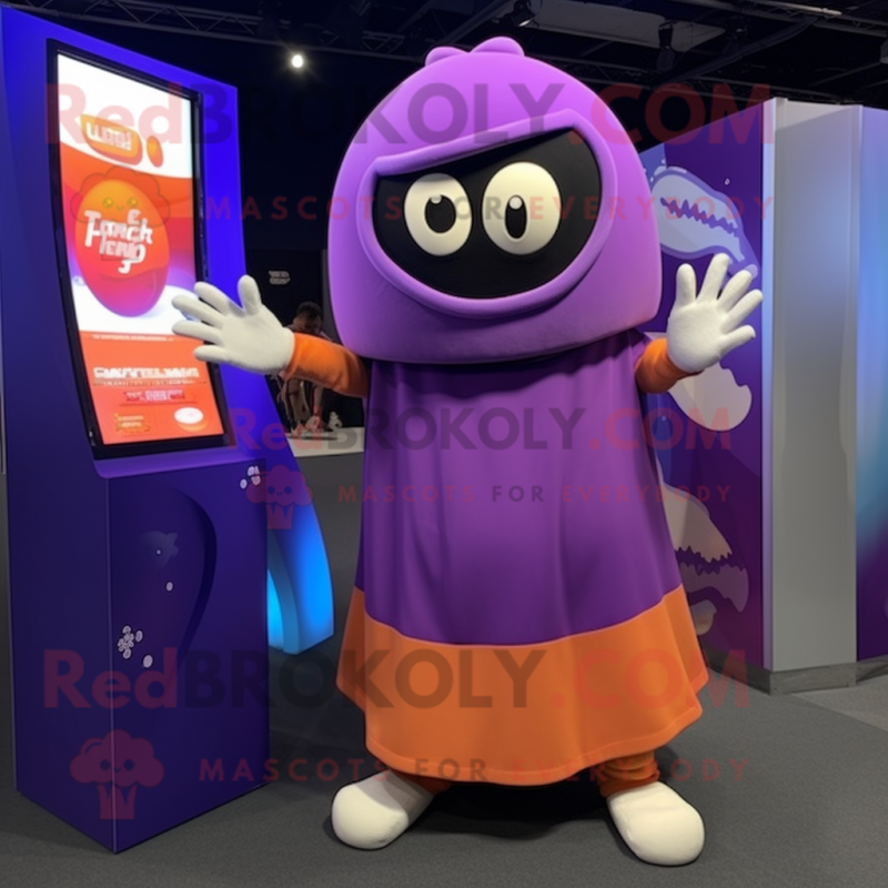 Purple Juggle mascot costume character dressed with a Tank Top and Shawls Purple Juggle mascot costume character dressed with a Tank Top and Shawls