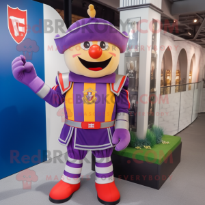 Lavender Swiss Guard mascot costume character dressed with a Rugby Shirt and Scarf clips