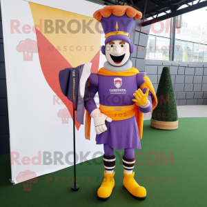 Lavender Swiss Guard mascot costume character dressed with a Rugby Shirt and Scarf clips