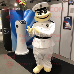 White Police Officer mascot costume character dressed with a Wedding Dress and Foot pads