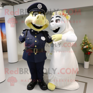 White Police Officer mascot costume character dressed with a Wedding Dress and Foot pads