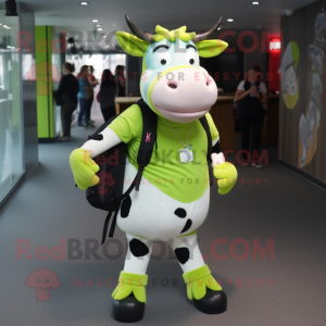 Lime Green Holstein Cow mascot costume character dressed with a Skinny Jeans and Backpacks