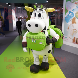 Lime Green Holstein Cow mascot costume character dressed with a Skinny Jeans and Backpacks