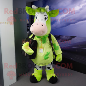 Lime Green Holstein Cow mascot costume character dressed with a Skinny Jeans and Backpacks