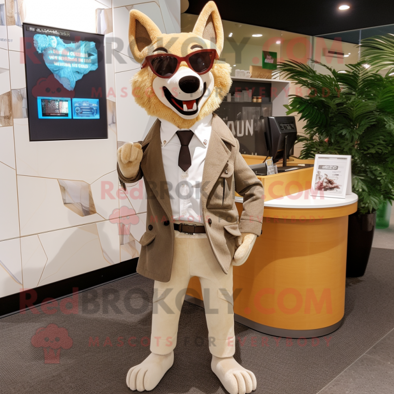 Beige Dingo mascot costume character dressed with a Suit Jacket and Eyeglasses