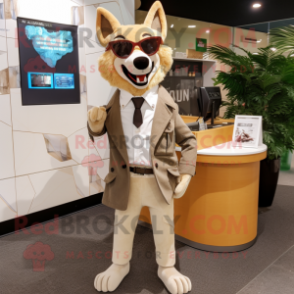 Beige Dingo mascot costume character dressed with a Suit Jacket and Eyeglasses