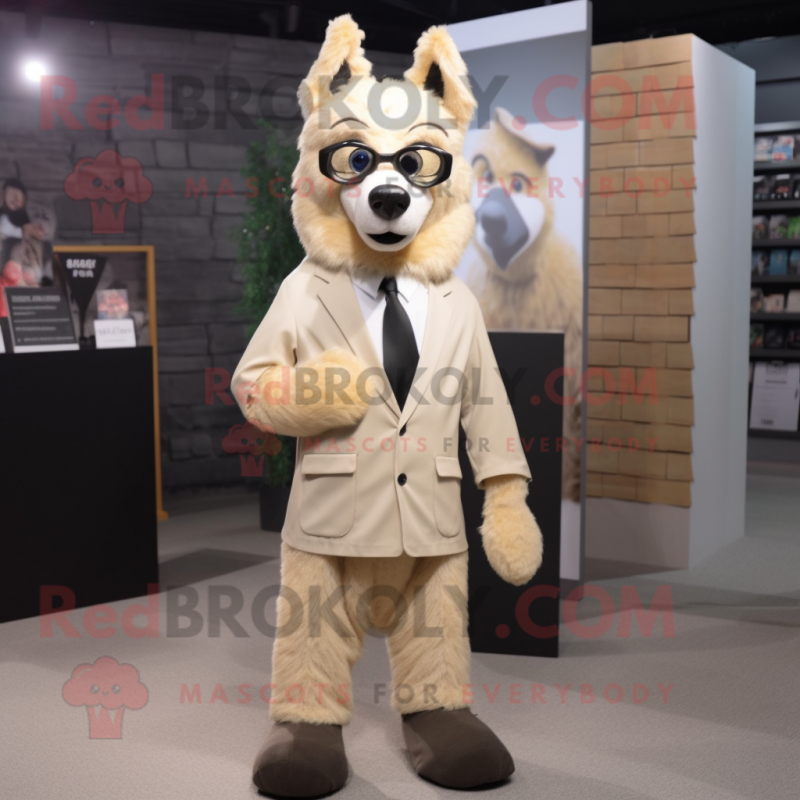 Beige Dingo mascot costume character dressed with a Suit Jacket and Eyeglasses Beige Dingo mascot costume character dressed with a Suit Jacket and Eyeglasses