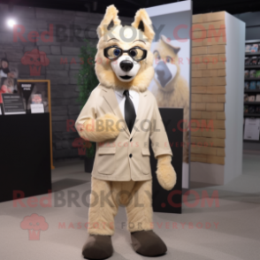 Beige Dingo mascot costume character dressed with a Suit Jacket and Eyeglasses