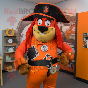 Orange Pirate mascot costume character dressed with a Jumpsuit and Berets