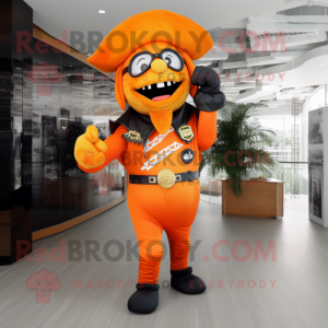 Orange Pirate mascot costume character dressed with a Jumpsuit and Berets