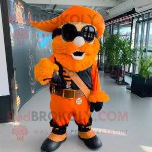 Orange Pirate mascot costume character dressed with a Jumpsuit and Berets
