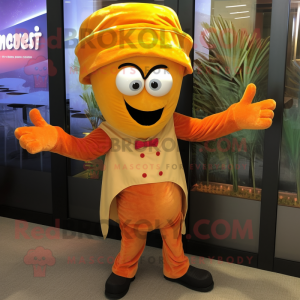 Orange Paella mascot costume character dressed with a Corduroy Pants and Ties