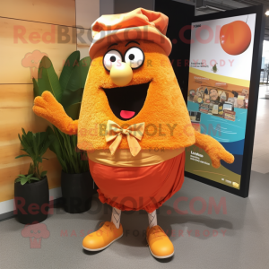 Orange Paella mascot costume character dressed with a Corduroy Pants and Ties
