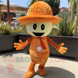 Orange Paella mascot costume character dressed with a Corduroy Pants and Ties