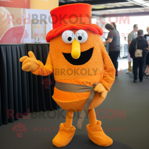 Orange Paella mascot costume character dressed with a Corduroy Pants and Ties