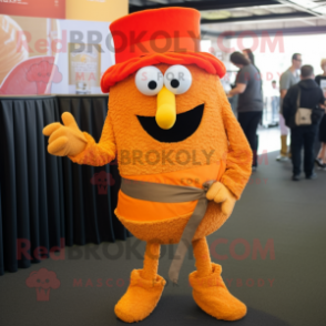 Orange Paella mascot costume character dressed with a Corduroy Pants and Ties