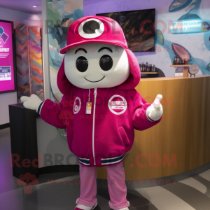 Magenta Oyster mascot costume character dressed with a Bomber Jacket and Beanies