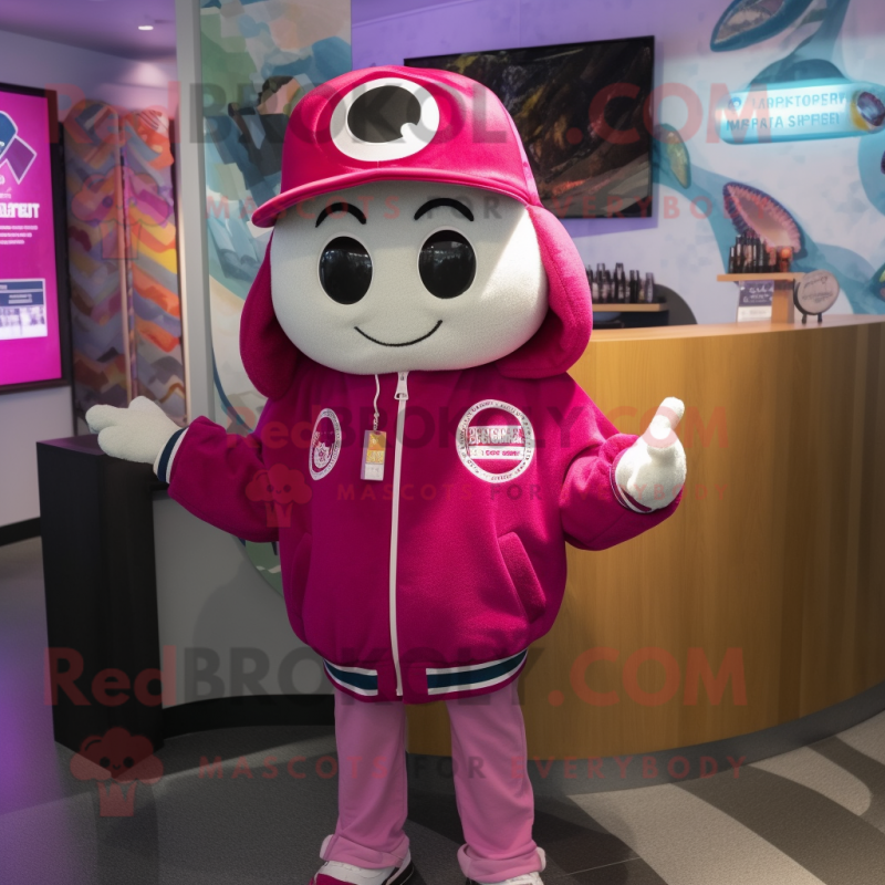 Magenta Oyster mascot costume character dressed with a Bomber Jacket and Beanies Magenta Oyster mascot costume character dressed with a Bomber Jacket and Beanies