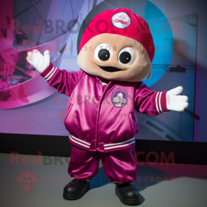 Magenta Oyster mascot costume character dressed with a Bomber Jacket and Beanies
