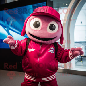 Magenta Oyster mascot costume character dressed with a Bomber Jacket and Beanies