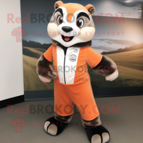 Peach Badger mascot costume character dressed with a Jumpsuit and Tie pins