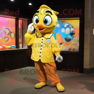 Yellow Clown Fish mascot costume character dressed with a Button-Up Shirt and Coin purses