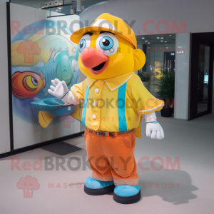 Yellow Clown Fish mascot costume character dressed with a Button-Up Shirt and Coin purses