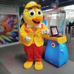 Yellow Clown Fish mascot costume character dressed with a Button-Up Shirt and Coin purses