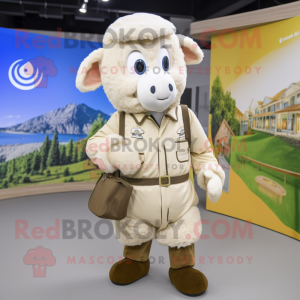 Cream Ram mascot costume character dressed with a Parka and Pocket squares