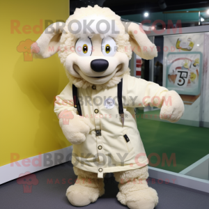 Cream Ram mascot costume character dressed with a Parka and Pocket squares