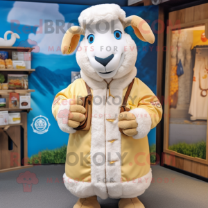 Cream Ram mascot costume character dressed with a Parka and Pocket squares