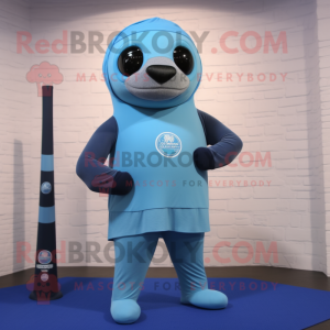 Sky Blue Navy Seal mascot costume character dressed with a Yoga Pants and Scarves
